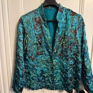 Vibrant Teal and Brown Women's Blazer clip closure with decorative buttons